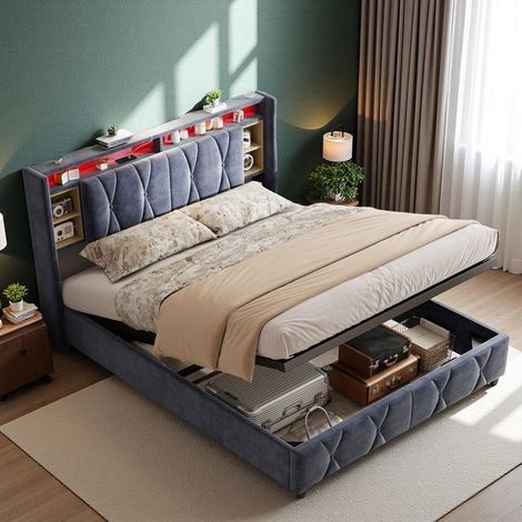 Doppelbett 140x200 - Nachtblau - Hebefunktion - Stauraum - Zeitgenössisches Design