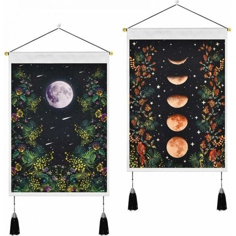 2 Pieces 35x50cm Black Tapestry Tassels Moon Wall Art Cotton Linen Flower Tapestry Home Decoration (1/5)
