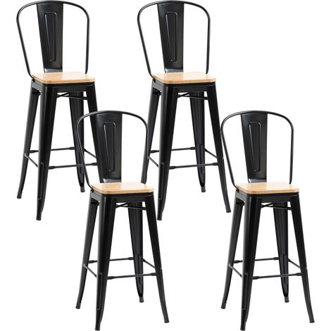 Lot de 4 tabourets bar industriels dossier, repose-pieds, hauteur assise 76 cm, métal noir, panneaux multicouches imitation bois clair (1/5)