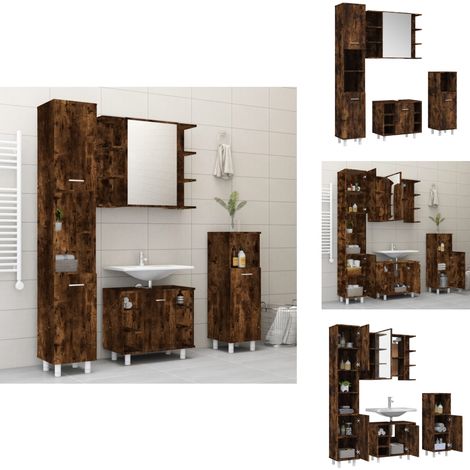 4-tlg. Badmöbel-Set Räuchereiche Holzwerkstoff - Badmöbel Set - Badezimmermöbel - Waschtischschrank - Spiegelschrank - Standregal (1/5)