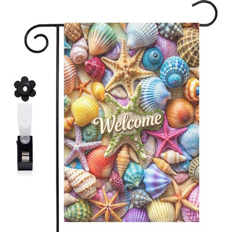 Drapeau vertical coquillages et étoiles de mer pour la saison estivale 30 x 45 cm décoration saisonnière extérieure (1/5)