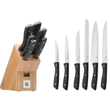 Bloc à couteaux avec set de couteaux 7 pièces, set de couteaux de cuisine avec porte-couteaux, 6 couteaux tranchants, bloc de bambou, lame spéciale en acier (1/5)
