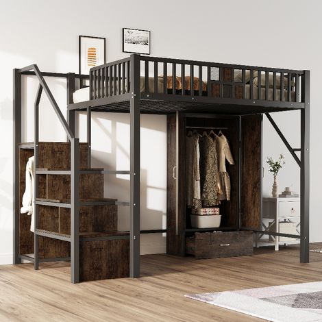 Metall-Hochbett 140x200 cm mit Stauraum, integriertem Kleiderschrank, Schubladen und Aufbewahrungsleiter, Industrie-Design, Schwarz (1/5)