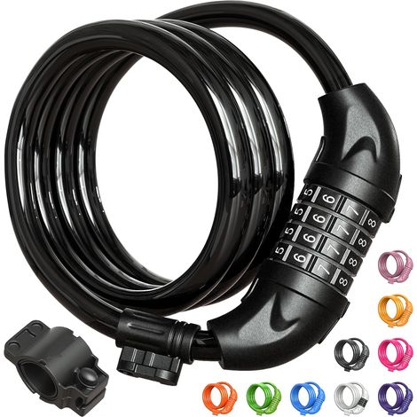 Antivol de vélo, câble de 1,2 m (4 pieds), combinaison réinitialisable de 1,27 cm (1/2 pouce), avec support de fixation - Noir (1/5)