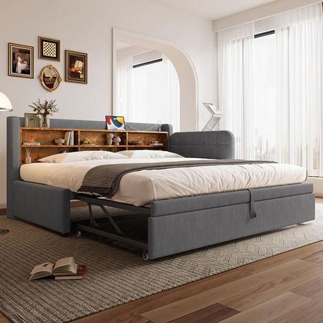 Canapé‑lit gigogne 90x200 cm – lit double 180x200, tête de lit gris avec USB & Type‑C, lin + MDF