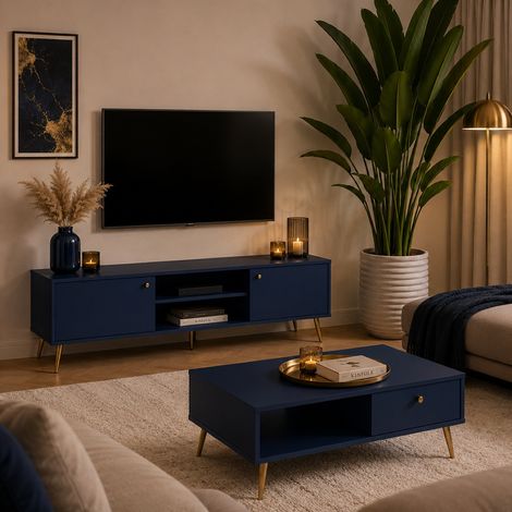 Meuble TV moderne bleu foncé – Structure MDF avec 2 portes – Pied en métal doré – Grand plateau 155cm (1/5)