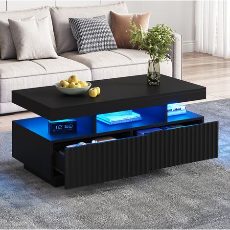 Tavolino 100x50x45 cm con 2 cassetti, vano portaoggetti, design a righe verticali e illuminazione LED, nero (1/5)