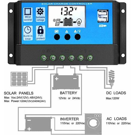 30A Contrôleur de charge solaire 12V/24V Contrôleur de charge solaire Régulateur Double Port USB LCD Affichage pour Les Batteries Plomb-acide