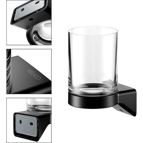 Support pour verre à dents KEUCO Rose à coller ou à percer, noir mat et cristal, porte-verre pour salle de bains, kit de collage inclus, porte-brosse à dents, fixation murale (1/5)