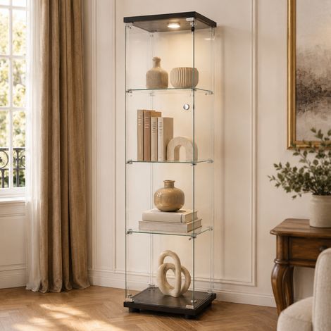 Vitrine en Verre 4 Étagères 1 Porte, Vitrine Armoire avec LED et Serrure de Sécurité, Meuble d'Exposition Verre Trempé, Noir
