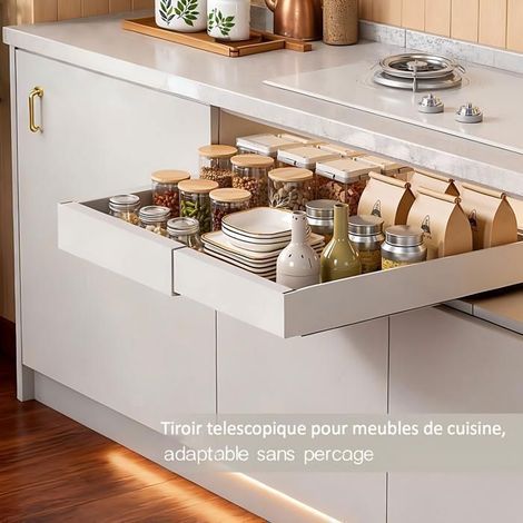 Tiroir coulissant extensible pour cuisine – Lot de 1 – Réglable de 40 à 68 cm – Profondeur 42 cm – Sans perçage avec adhésif – Acier au carbone – Blanc – Home Nature Wohnkonzept (1/5)