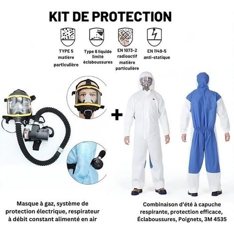Kit de protection : Masque à gaz intégral de protection électrique, respirateur à débit constant + Combinaison d'Été à Capuche prote (1/3)