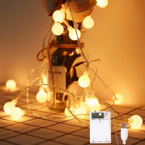 Guirlande lumineuse globe, alimentation par pile/prise USB, 4,9 m, 40 LED, décoration pour éclairage intérieur, chambre à coucher, terrasse, jardin, fête de mariage, Noël (blanc chaud) (1/5)