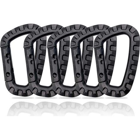 Mousquetons en Plastique – Lot de 5 – Mousqueton Tactique Militaire Noir avec Fermeture à Ressort – Mousqueton Robuste en Forme de D pour Sac à Dos, Camping et Extérieur – Carabiner