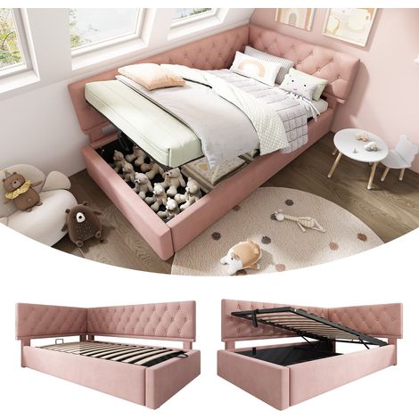 Tagesbett 90x200 cm Rosa mit hydraulischem Stauraum, Polsterbett Samt als L-förmiges Schlafsofa, Mädchen Jugendbett mit Lattenrost (1/5)
