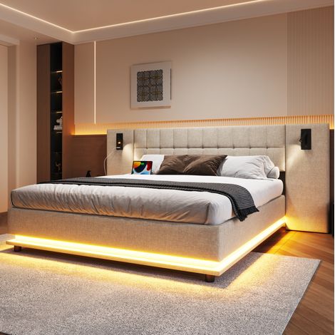 Letto matrimoniale 180x200 cm con illuminazione LED, faretti integrati e porta USB, beige, senza materasso (1/5)