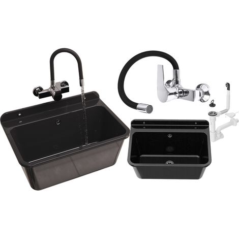 Évier Utilitaire - Noir - 610x410x300 mm - Robinet Flexible - Siphon Inclus - Large (1/5)