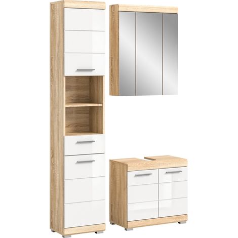 Badezimmermöbelset RIDLEY – Waschtischunterschrank, Hochschrank und Spiegelschrank – Weiß und helles Eichenholz