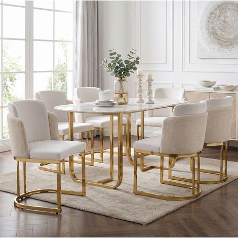Juego de 6 sillas de comedor, doble respaldo, patas de metal galvanizado, chenilla beige y dorado (1/5)