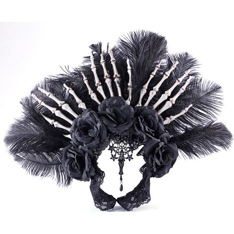 Retro Gothic Lolita Feather Headband, Black Rose Headpiece, Dark Skull Hand Headband, Halloween Cosplay Hair Accessory (1/4)
