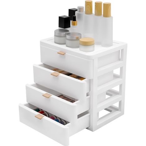 Organisateur de maquillage à 4 tiroirs en plastique blanc, coffret de rangement cosmétique à poser sur table pour dresser, salle de bain, chambre et bureau (1/5)