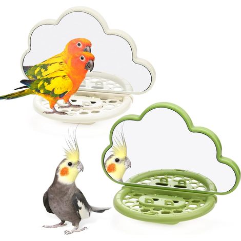 Lot de 2 miroirs pour cage à oiseaux, jouets à oiseaux, miroir de cage à oiseaux pour perruches, mangeoire pour cage à oiseaux, perchoirs pour cage, accessoires de cage à oiseaux (beige, vert) (1/5)