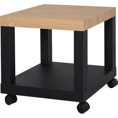 Table d'appoint à roulettes avec étagères ouvertes, idéale pour les salons et les chambres, mesurant 40x40x40 cm, disponible en bois naturel et en noir. (1/4)