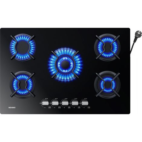 Plaque de cuisson gaz 5 foyers 77 x 51 cm – Puissance totale 12.5 kW – Verre trempé et grilles en fonte – Allumage par impulsion (1/5)