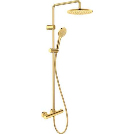 Duravit – Colonne de douche thermostatique doré poli – Douche de tête orientable 250 mm – Butée de sécurité 38°C – Installation facile avec flexible 1600 mm