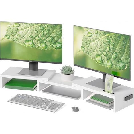 Rehausseur Ecran PC Bureau pour 2 Écrans, Réglable 80-108 cm, Blanc (1/5)