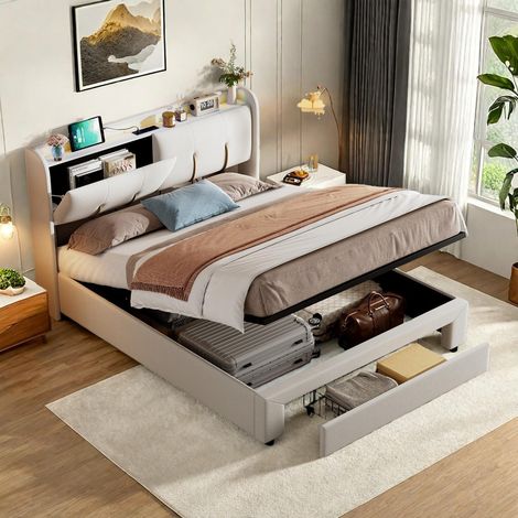 Lit double rembourré avec sommier à Lattes - Lit adulte avec 1 tiroir 140 x 200 cm - LED réglable et chargement USB - Coffre de rangement - Velours beige