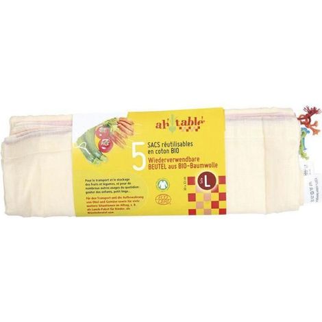 Sacs fruits et légumes - AH TABLE - Lot de 5 - Coton bio - Lavables - Ultra légers (1/3)