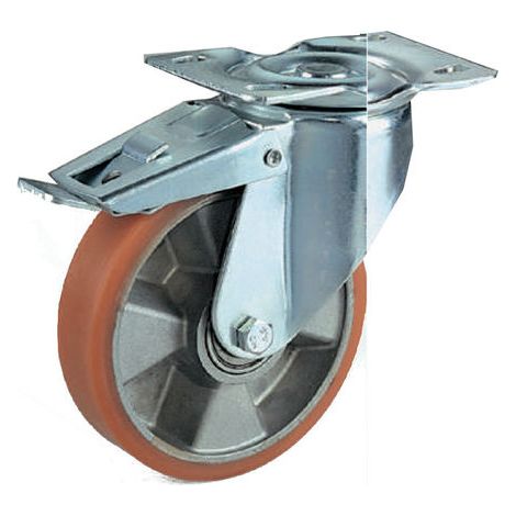 RUOTA POLIURETANO NUCLEO ALLUMINIO CON SUPPORTO ZINC. RUOTE GIREVOLI FISSE FRENO - RUOTA GIREVOLE CON FRENO Ø150