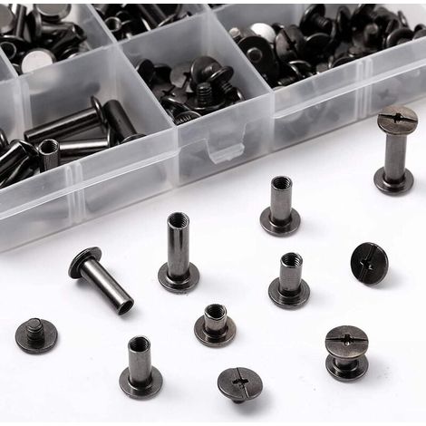(Schwarz) 1 Set Chicago-Schrauben-Sortiment-Kit 6 Größen Metall-Rundkreuzkopfschrauben Post Chicago-Schraubenknopf für DIY-Lederdekoration Buchbinden (1/4)