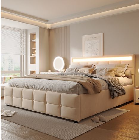Lit capitonné 180x200 cm beige en velours hollandais avec LED, sommier à lattes et relevage hydraulique (1/5)