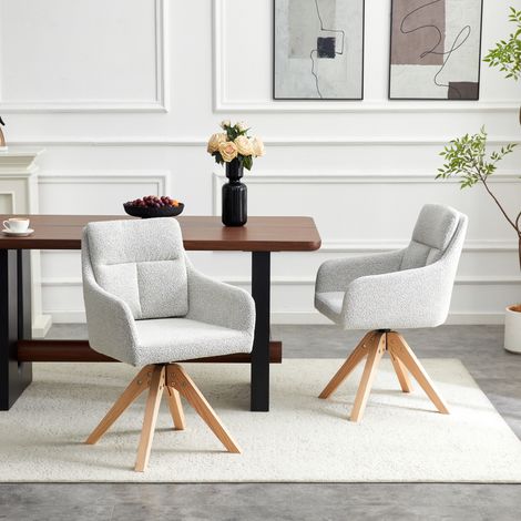 Lot de 2 chaises de salle à manger pivotantes 360°, dossier haut, tissu velours texturé gris clair, pieds en bois massif, chaises modernes confortables pour salon et cuisine, style polyvalent (1/5)