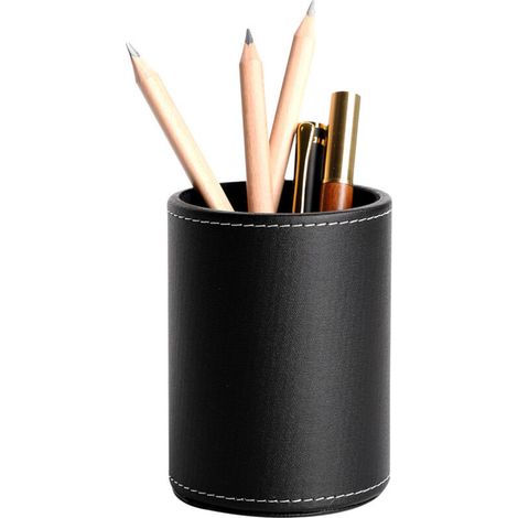 Business leather round pen holder desktop stationery storage box storage jar cosmetic brush holder creative fashion office supplies. (1/4)