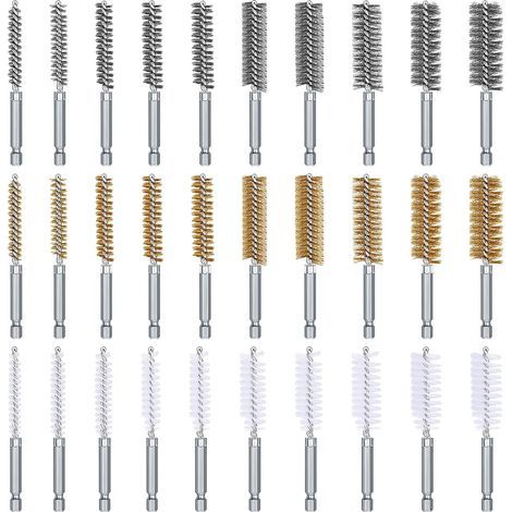 Lot de 30 brosses d'alésage pour perceuse à percussion avec tige hexagonale de 6,35 mm, 8, 10, 11, 12, 13, 15, 16, 17, 18 et 19 mm (acier inoxydable, laiton, nylon) (1/4)
