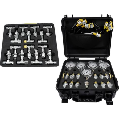 Kit de prueba de presión hidráulica, presión máxima 600 bar, 5 manómetros, 5 mangueras, 13 racores, 14 conectores. (1/4)
