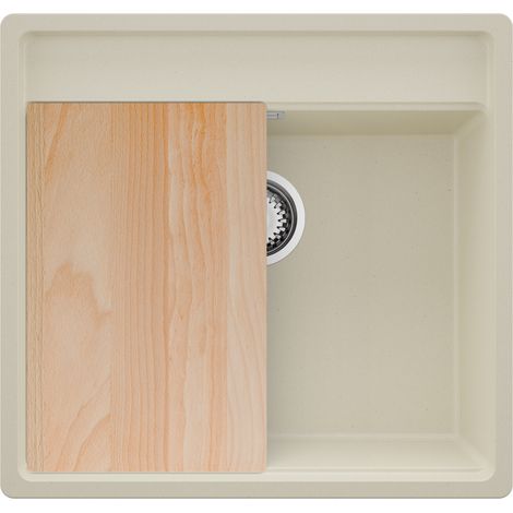 PRIMAGRAN Evier d'angle en Granit 56x53cm,Lavabo Cuisine 1 bac + Kit de Vidage + Planche à Découper, Évier à Encastrer au meuble 60cm - Bergen, Beige (1/5)