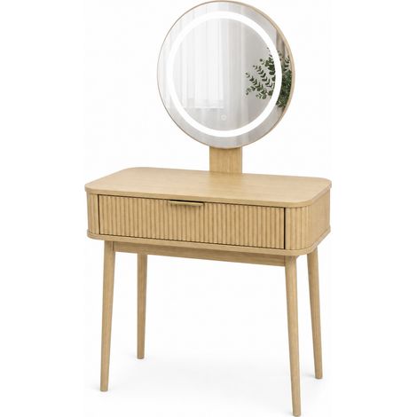 Toeletta con specchio rotondo e illuminazione LED HOMVRA 80 x 40 x 133 cm color rovere (1/5)