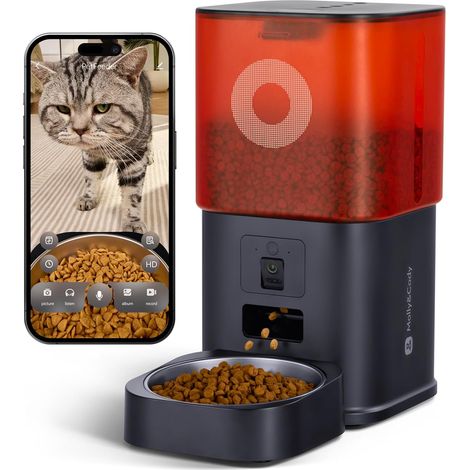 Distributeur Croquettes Chat Automatique avec Caméra, 6L, pour Chat et Petit Chien, Audio Bidirectionnel, Vision Nocturne, Contrôle via App WiFi 2.4G, Bol en Acier Inoxydable (Noir) (1/5)