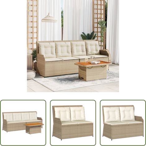 Gartentisch -  3-tlg. Garten-Lounge-Set mit Kissen Beige Poly Rattan (1/5)