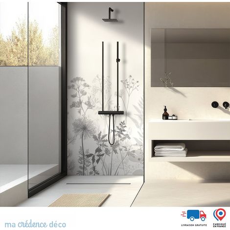 Panneau de douche : Dessin et fleurs sauvages 2 - Couleur Gris platine - Alu composite - 100 - 245 (1/3)
