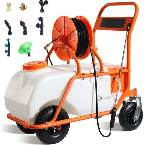 Mophorn Pulverizador de Cesped con Ruedas, Presión Ajustable 0-90 PSI, Pulverizador con Tanque de 60 L con 8 Boquillas, 2 Varitas, Tapa de Boca Ancha para Jardín, Desmalezado, Pulverización (1/5)