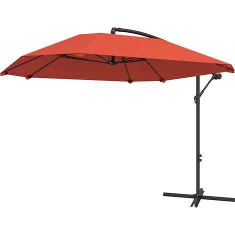 Parasol déporté avec toile réglable et pied en croix, métal et polyester, 260 x 304 x 245 cm, Bordeaux