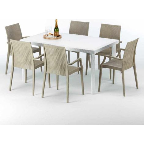 Tavolo Rettangolare Bianco 150x90 cm con 6 Sedie Colorate Bistrot Arm Summerlife - Beige