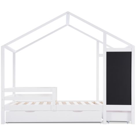 Lit enfant 90×200 cm, bois massif, tableau, 2 tiroirs, barrière