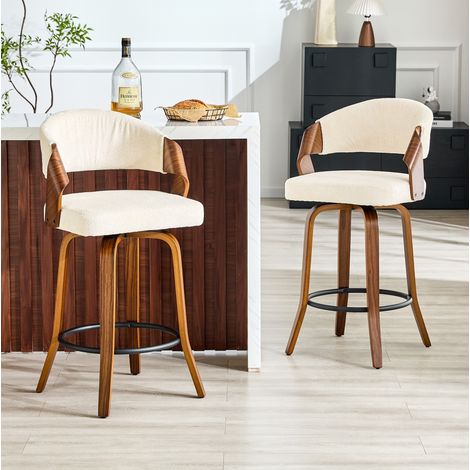 Set di 2 sgabelli da bar con schienale 95 cm, struttura in legno, tessuto bianco, OKWISH (1/5)