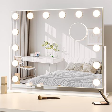 Dripex Miroir Maquillage Hollywood Lumineux, Miroir Coiffeuse LED 14 Lumières Dimmables 54 x 43 cm, Contrôle Tactile, 3 Modes de Lumière, Rotation à 360°, Support Téléphone Amovible - Blanc